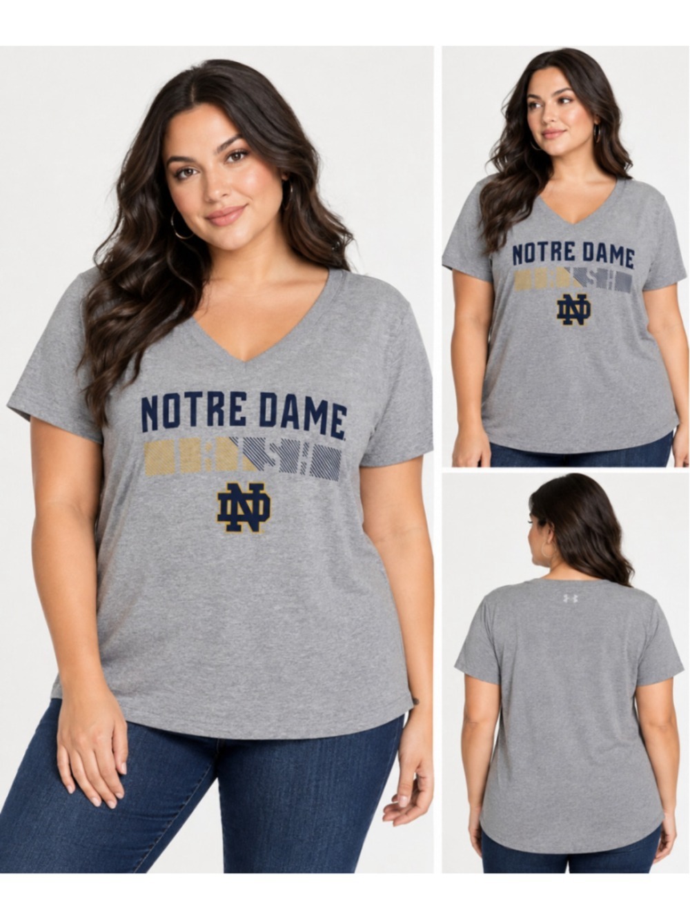 Under Armour Notre Dame Fighting Irish HeatGear V Neck Tee Women L Gray
